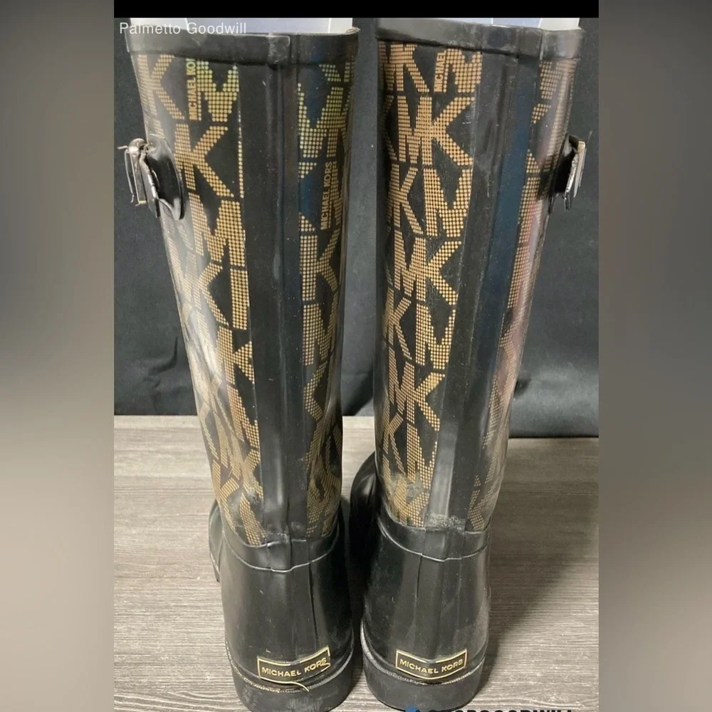 Michael Kors MK Logo Rain Boots Black Brown Monogram Size 8.5 Waterproof